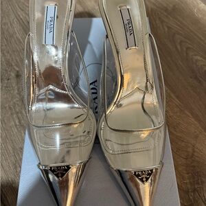 Prada Modellerie Clear PVC Silver Backless Pointed Sandal Mule Heel Pump